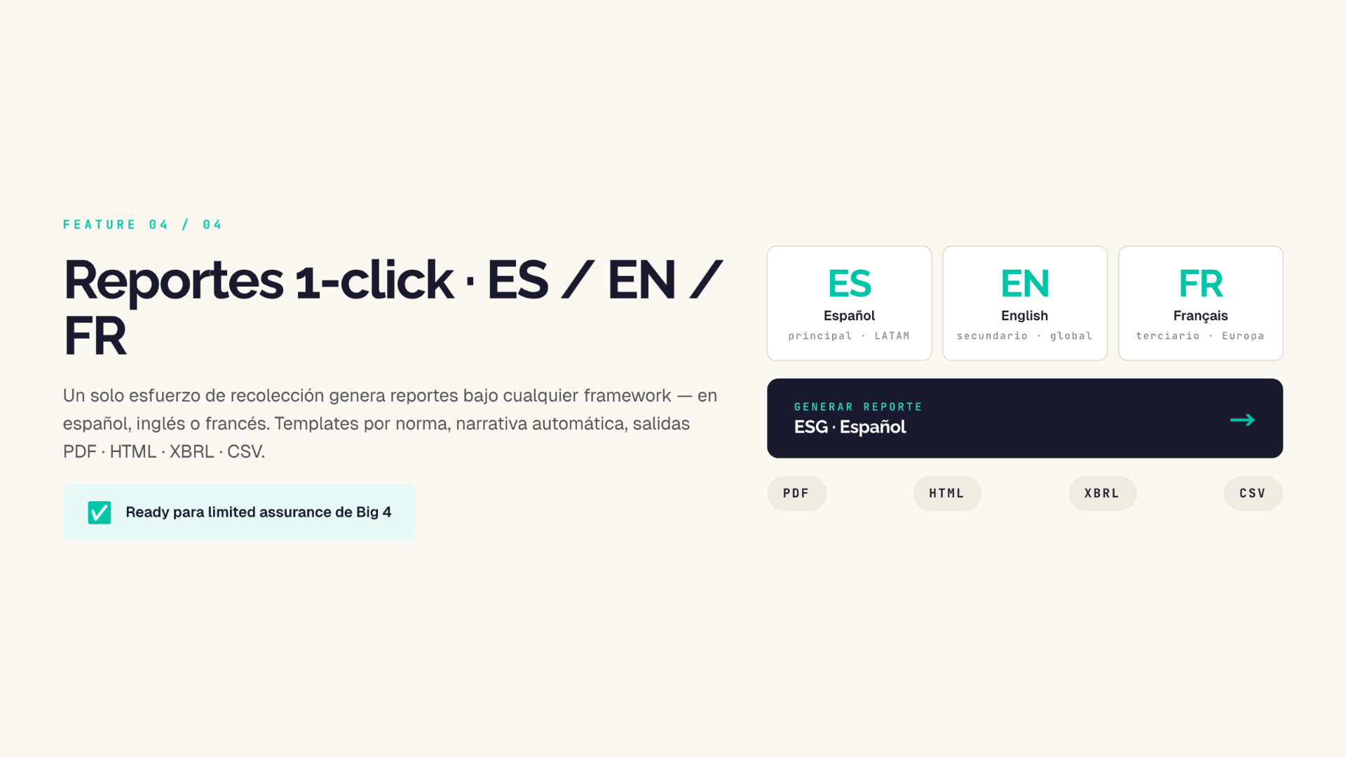 Reportes 1-click en ES / EN / FR