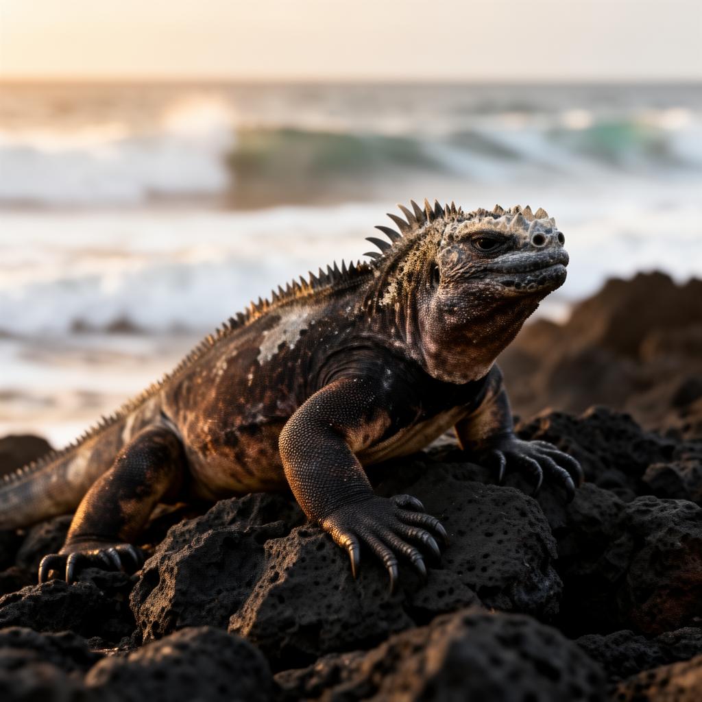Marine iguana on volcanic rock in the Galapagos